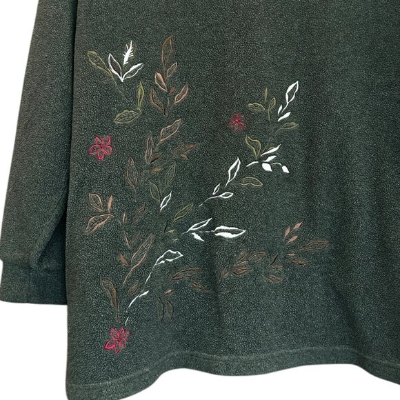 Vtg Tanjay 3/4 Zip Fleece • Sz 1X • Dark Khaki Green Embroidered Fall Foliage - Picture 2 of 5